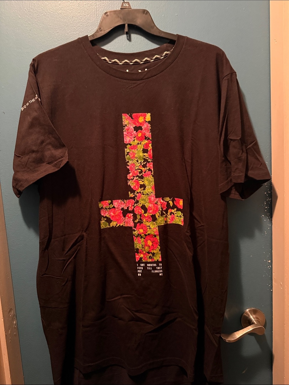Rocawear Black Tee with Pink and Green Floral Cross Graphic
